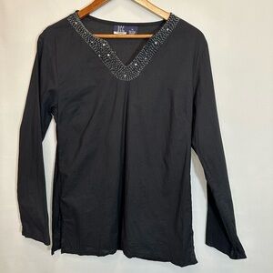 DCC Womens Blouse Top Size XL V-Neck Beaded Sequins Embellished Long Sleeve Boho